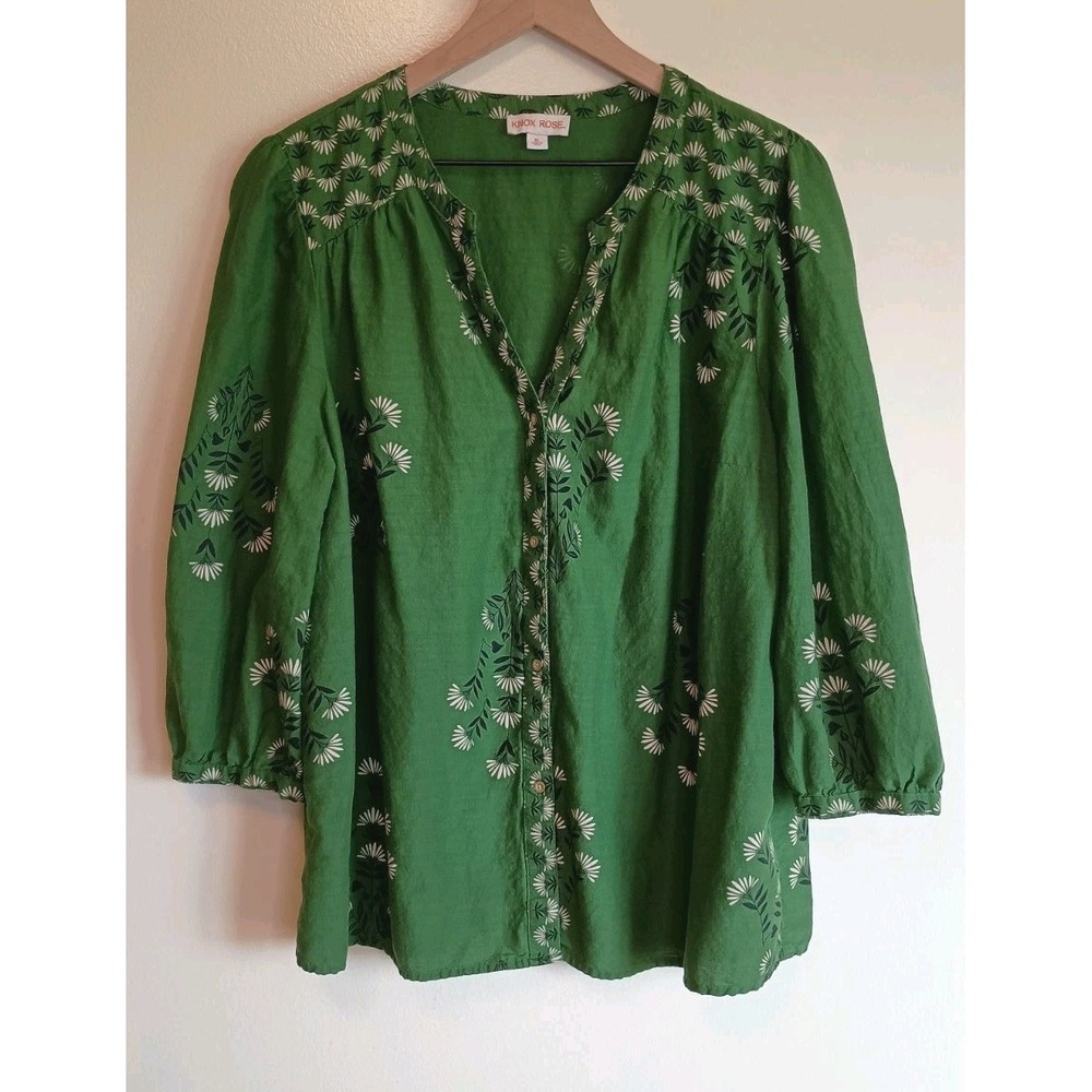 Knox Rose Women's XL Green Folk Floral Button Front Top Boho Peasant Blouse